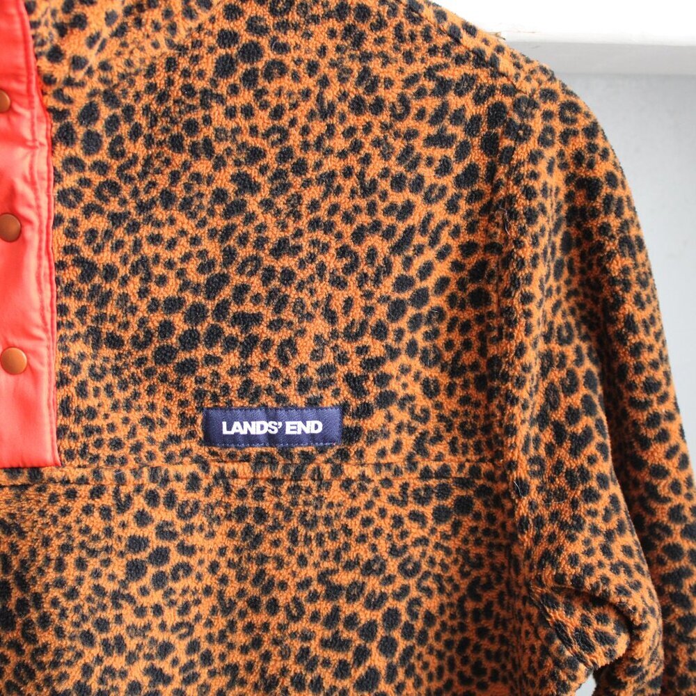 Lands' End Leopard Print Snap Neck Heritage Fleece Pullover Sweater Size Small - Picture 4 of 5